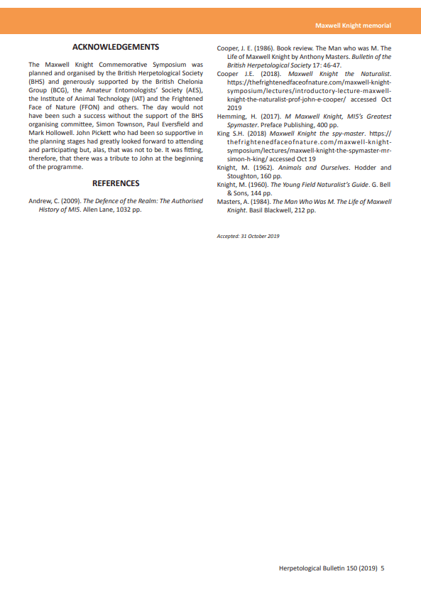 Maxwell Knight memorial FFON BHS Herpetological Bulletin 150